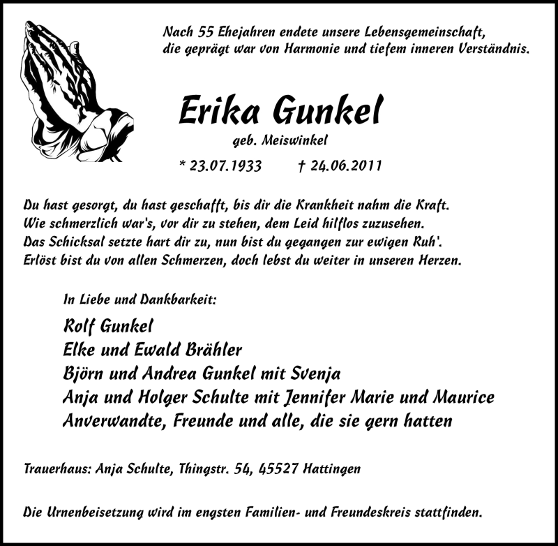  Traueranzeige für Erika Gunkel vom 30.06.2011 aus Tageszeitung