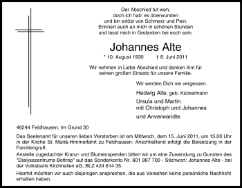 Traueranzeige von Johannes Alte von Tageszeitung