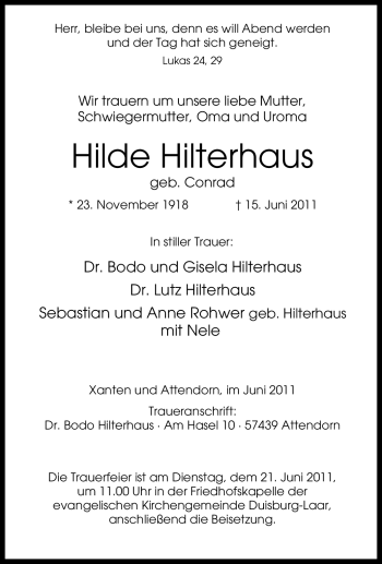 Traueranzeige von Hilde Hilterhaus von Tageszeitung