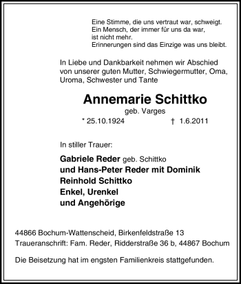 Traueranzeige von Annemarie Schittko von Tageszeitung