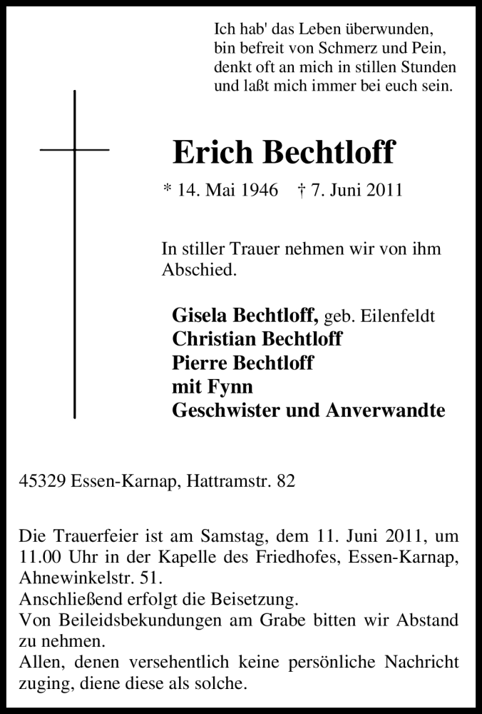  Traueranzeige für Erich Bechtloff vom 08.06.2011 aus Tageszeitung