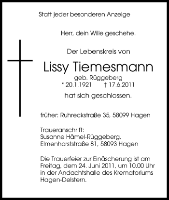 Traueranzeige von Lissy Tiemesmann von Tageszeitung