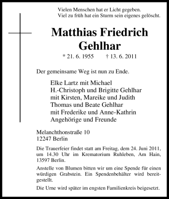 Traueranzeige von Matthias Friedrich Gehlhar von Tageszeitung