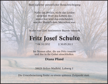 Traueranzeige von Fritz Josef Schulte von Tageszeitung