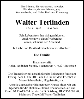 Traueranzeige von Walter Terlinden von Tageszeitung