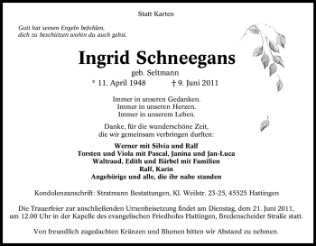 Traueranzeige von Ingrid Schneegans von Tageszeitung