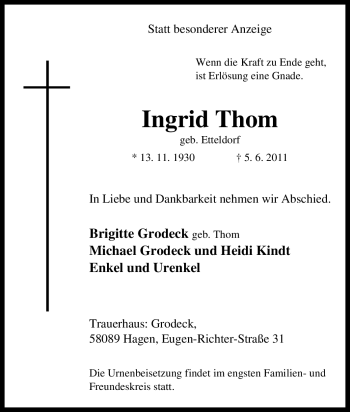Traueranzeige von Ingrid Thom von Tageszeitung