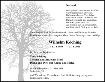 Traueranzeige von Wilhelm Köching von Tageszeitung