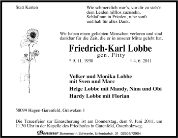 Traueranzeige von Friedrich-Karl Lobbe von Tageszeitung