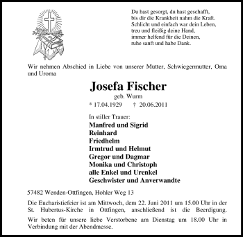 Traueranzeige von Josefa Fischer von Tageszeitung