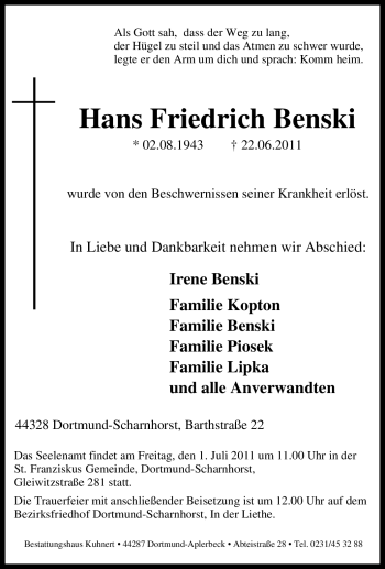 Traueranzeige von Hans Friedrich Benski von Tageszeitung