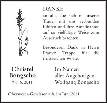 Traueranzeige von Christel Bongscho von Tageszeitung