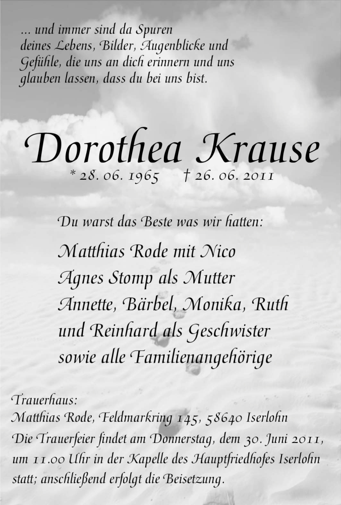  Traueranzeige für Dorothea Krause vom 28.06.2011 aus Tageszeitung