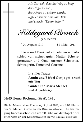 Traueranzeige von Hildegard Brosch von Tageszeitung
