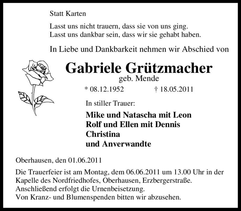  Traueranzeige für Gabriele Grützmacher vom 01.06.2011 aus Tageszeitung