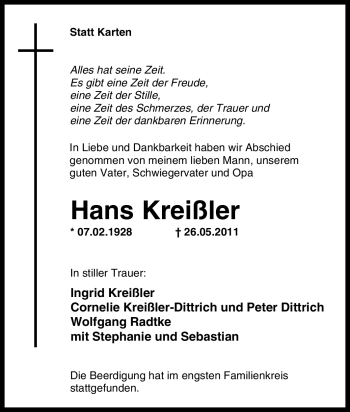 Traueranzeige von Hans Kreißler von Tageszeitung