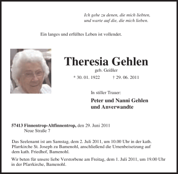 Traueranzeige von Theresia Gehlen von Tageszeitung