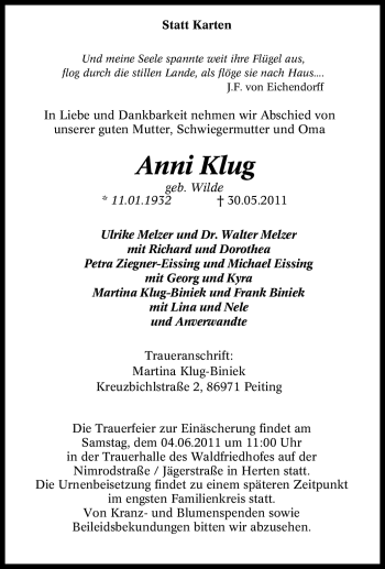 Traueranzeige von Anni Klug von Tageszeitung