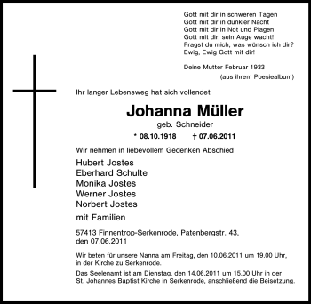 Traueranzeige von Johanna Müller von Tageszeitung