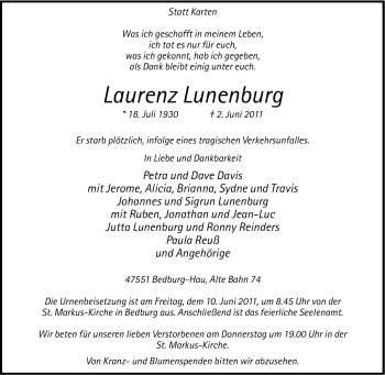Traueranzeige von Laurenz Lunenburg von Tageszeitung