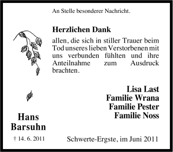 Traueranzeige von Hans Barsuhn von Tageszeitung