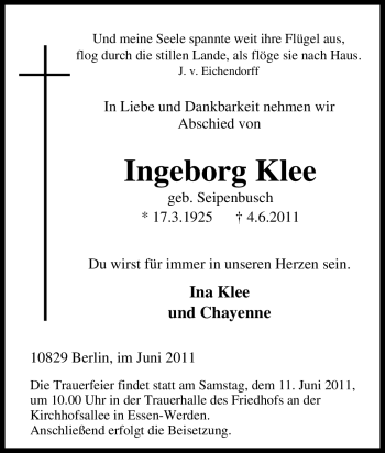 Traueranzeige von Ingeborg Klee von Tageszeitung
