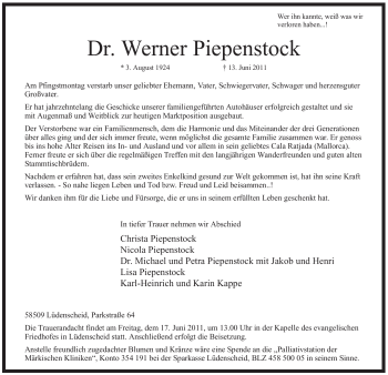 Traueranzeige von Werner Piepenstock von Tageszeitung