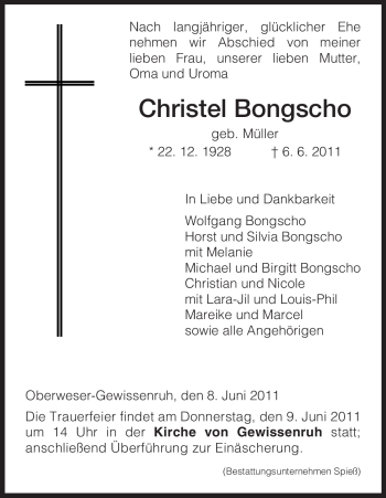 Traueranzeige von Christel Bongscho von Tageszeitung