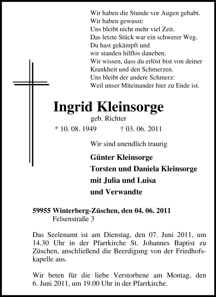  Traueranzeige für Ingrid Kleinsorge vom 06.06.2011 aus Tageszeitung