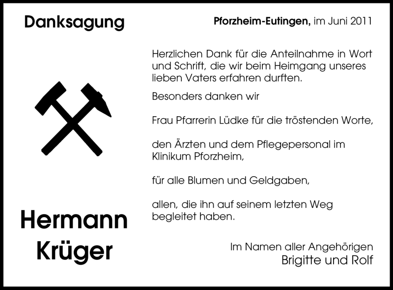 Traueranzeige für Hermann Krüger vom 14.06.2011 aus Tageszeitung