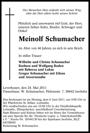 Traueranzeige von Meinolf Schumacher von Tageszeitung