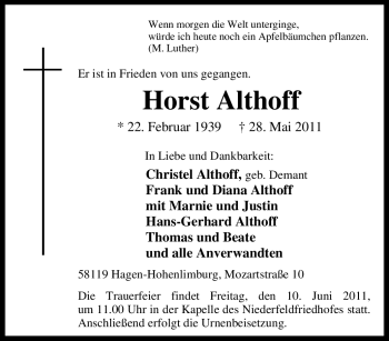 Traueranzeige von Horst Althoff von Tageszeitung