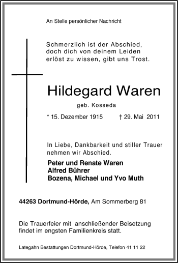 Traueranzeige von Hildegard Waren von Tageszeitung