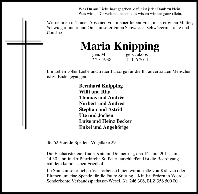  Traueranzeige für Maria Knipping vom 14.06.2011 aus Tageszeitung