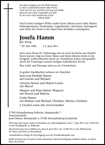 Traueranzeige von Josefa Hamm von Tageszeitung