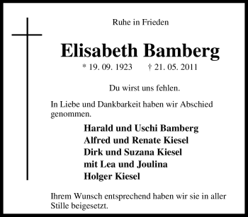 Traueranzeige von Elisabeth Bamberg von Tageszeitung