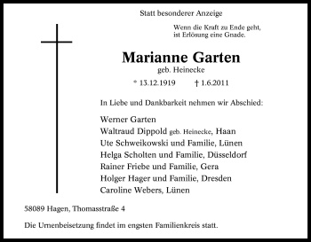 Traueranzeige von Marianne Garten von Tageszeitung