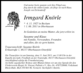 Traueranzeige von Irmgard Knörle von Tageszeitung