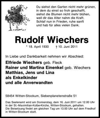 Traueranzeige von Rudolf Wiechers von Tageszeitung