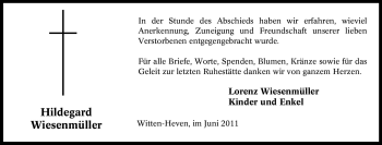 Traueranzeige von Hildegard Wiesenmüller von Tageszeitung