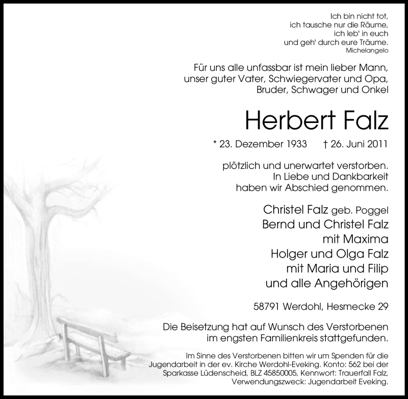  Traueranzeige für Herbert Falz vom 30.06.2011 aus Tageszeitung