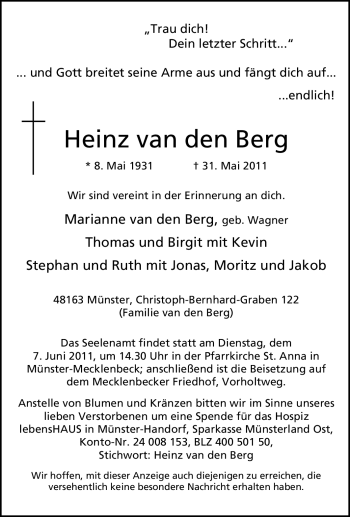 Traueranzeige von Heinz van den Berg von Tageszeitung