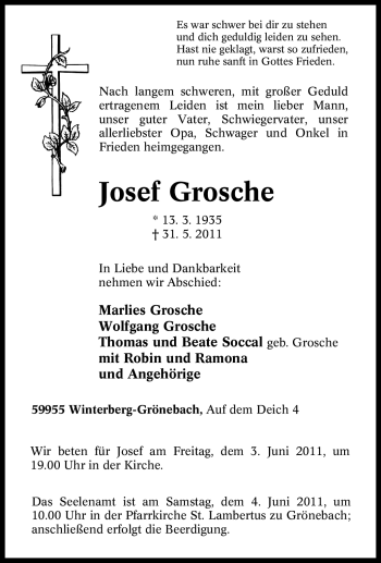 Traueranzeige von Josef Grosche von Tageszeitung