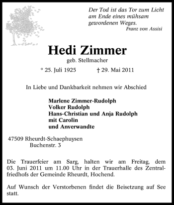 Traueranzeige von Hedi Zimmer von Tageszeitung