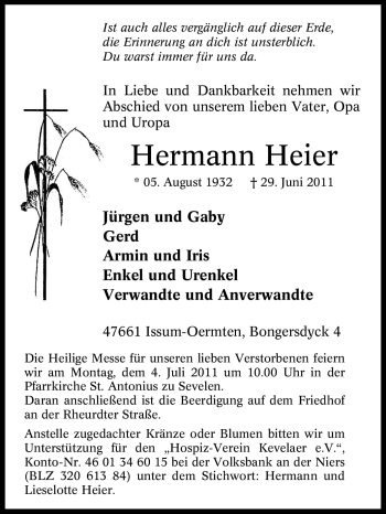 Traueranzeige von Hermann Heier von Tageszeitung