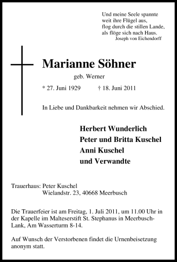 Traueranzeige von Marianne Söhner von Tageszeitung