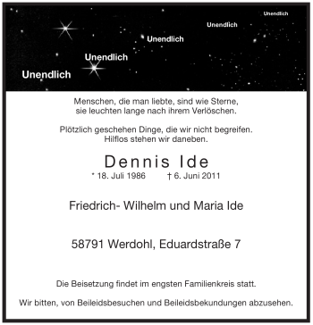Traueranzeige von Dennis Ide von Tageszeitung
