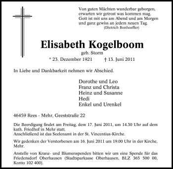 Traueranzeige von Elisabeth Kogelboom von Tageszeitung