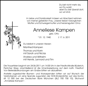 Traueranzeige von Anneliese Kampen von Tageszeitung