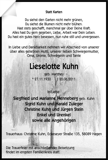 Traueranzeige von Lieselotte Kuhn von Tageszeitung